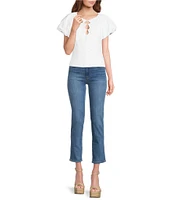 ASTR the Label Aine Poplin Crew Neck Bubble Sleeves Tie Bow Top
