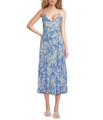 ASTR the Label Blythe Floral Print V-Neck Sleeveless Pleated Midi Dress