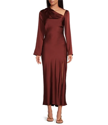 ASTR the Label Catriona Satin Asymmetrical Boat Neck Long Sleeve Maxi Dress