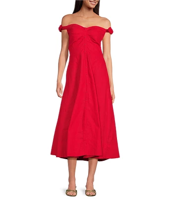 ASTR the Label Charelin Off-The-Shoulder Linen Blend Smocked Back Midi Dress
