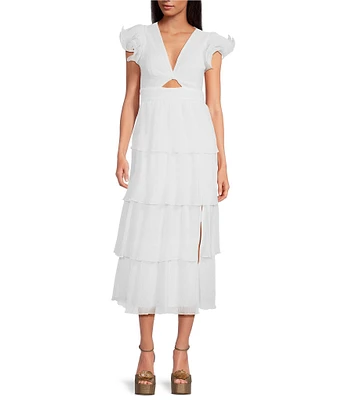 ASTR the Label Emporia V Neckline Ruffle Tiered Midi Dress