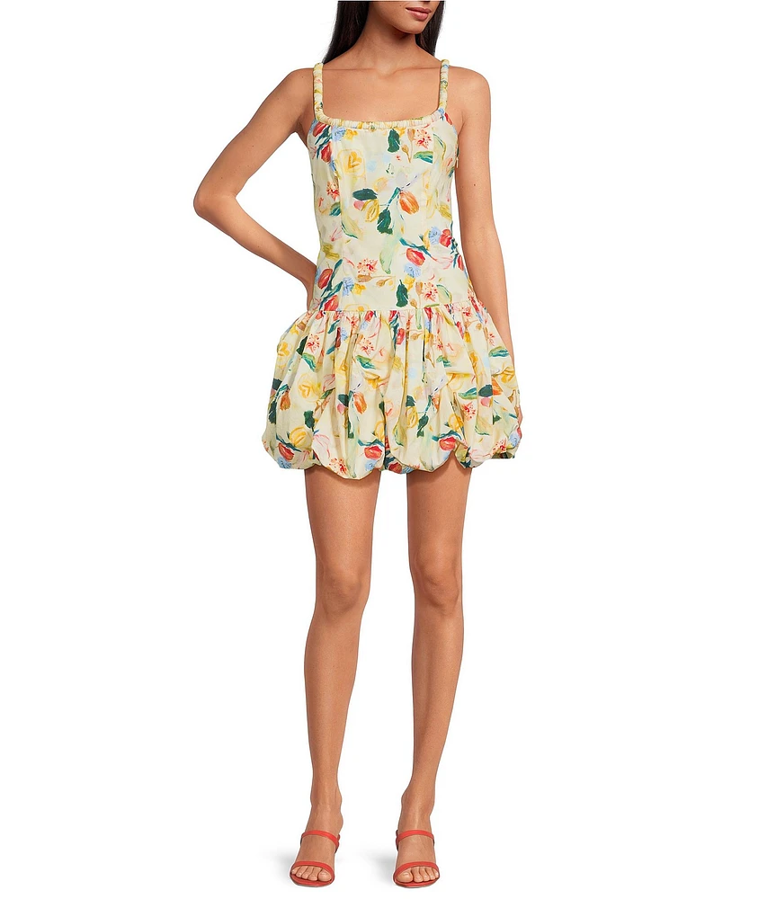 ASTR the Label Keyla Novelty Print Square Neck Rope Trim Bubble Hem Drop Waist Dress