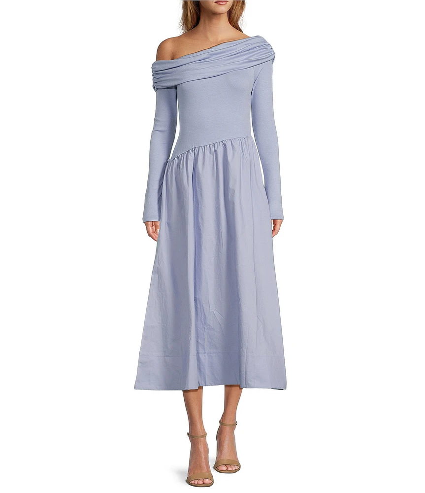 ASTR The Label Off-The-Shoulder Long Sleeve Mixed Media Midi Dress