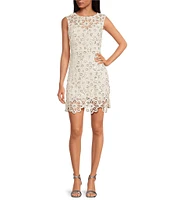 ASTR the Label Priscila Floral Crochet Sequin Crew Neck Sleeveless Scallop Hem Sheath Dress