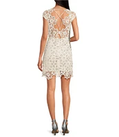 ASTR the Label Priscila Floral Crochet Sequin Crew Neck Sleeveless Scallop Hem Sheath Dress