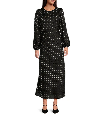 ASTR The Label Quinn Dotted Print Crew Neck Long Sleeve Maxi Dress