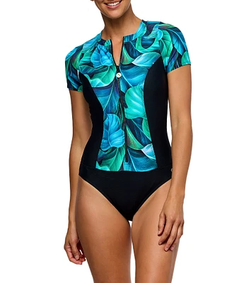 Athena Next by Athena Curacao Palm Leaf Scuba Crew Neck Short Sleeve Front Zip One Piece Swimsuit