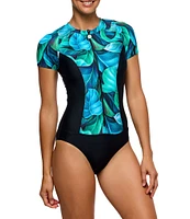 Athena Next by Athena Curacao Palm Leaf Scuba Crew Neck Short Sleeve Front Zip One Piece Swimsuit