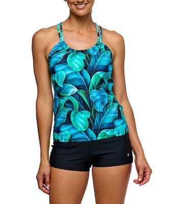 Athena Next by Athena Curacao Palm Leaf V-Neck Double Strap Cut-Out Tankini Swim Top