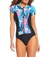 Athena Next by Athena Rainforest Malibu Scuba Crew Neck Short Sleeve Front Zip One Piece Swimsuit