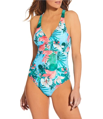 Athena Next by Athena Tropical Print V-Neck D-Cup Bra One Piece Swimsuit