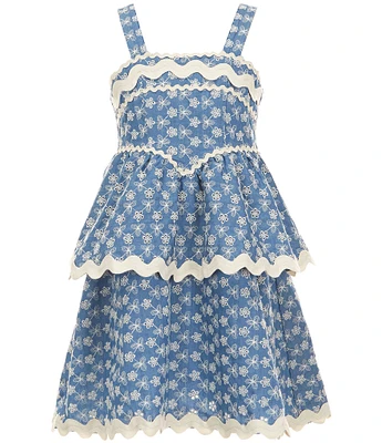 Ava & Yelly Big Girls 7-16 Sleeveless Printed Eyelet Ric Rac Drop Waist Dress
