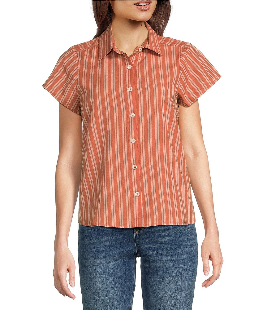 Aventura Aubrey Stripe Print Woven Spread Collar Cap Sleeves Button Front Top