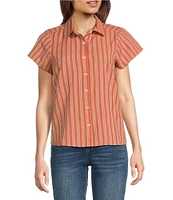 Aventura Aubrey Stripe Print Woven Spread Collar Cap Sleeves Button Front Top