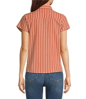 Aventura Aubrey Stripe Print Woven Spread Collar Cap Sleeves Button Front Top