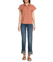 Aventura Aubrey Stripe Print Woven Spread Collar Cap Sleeves Button Front Top