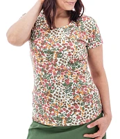 Aventura Charlie Floral Single Knit Jersey Scoop Neck Cap Sleeves Ruching Top