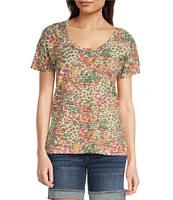 Aventura Charlie Floral Single Knit Jersey Scoop Neck Cap Sleeves Ruching Top