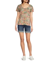 Aventura Charlie Floral Single Knit Jersey Scoop Neck Cap Sleeves Ruching Top