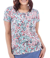 Aventura Charlie Floral Single Knit Jersey Scoop Neck Cap Sleeves Ruching Top