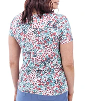 Aventura Charlie Floral Single Knit Jersey Scoop Neck Cap Sleeves Ruching Top