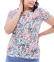 Aventura Charlie Floral Single Knit Jersey Scoop Neck Cap Sleeves Ruching Top