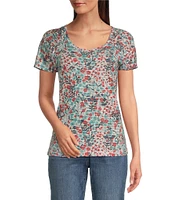 Aventura Charlie Floral Single Knit Jersey Scoop Neck Cap Sleeves Ruching Top