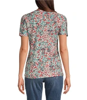 Aventura Charlie Floral Single Knit Jersey Scoop Neck Cap Sleeves Ruching Top