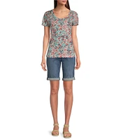 Aventura Charlie Floral Single Knit Jersey Scoop Neck Cap Sleeves Ruching Top