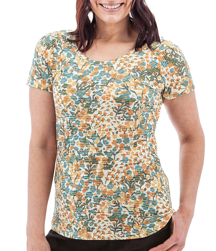Aventura Charlie Floral Single Knit Jersey Scoop Neck Cap Sleeves Ruching Top