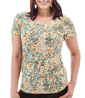 Aventura Charlie Floral Single Knit Jersey Scoop Neck Cap Sleeves Ruching Top