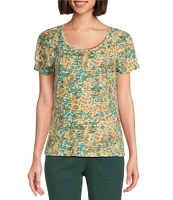Aventura Charlie Floral Single Knit Jersey Scoop Neck Cap Sleeves Ruching Top