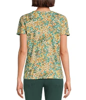 Aventura Charlie Floral Single Knit Jersey Scoop Neck Cap Sleeves Ruching Top