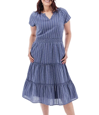 Aventura Colmar Stripe Organic Cotton Dobby Woven Split V-Neck Smocked Waist TIered Midi Dress