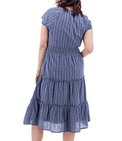 Aventura Colmar Stripe Organic Cotton Dobby Woven Split V-Neck Smocked Waist TIered Midi Dress