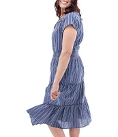 Aventura Colmar Stripe Organic Cotton Dobby Woven Split V-Neck Smocked Waist TIered Midi Dress
