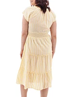 Aventura Colmar Stripe Organic Cotton Dobby Woven Split V-Neck Smocked Waist TIered Midi Dress