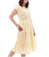 Aventura Colmar Stripe Organic Cotton Dobby Woven Split V-Neck Smocked Waist TIered Midi Dress