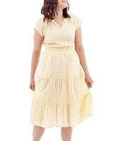 Aventura Colmar Stripe Organic Cotton Dobby Woven Split V-Neck Smocked Waist TIered Midi Dress