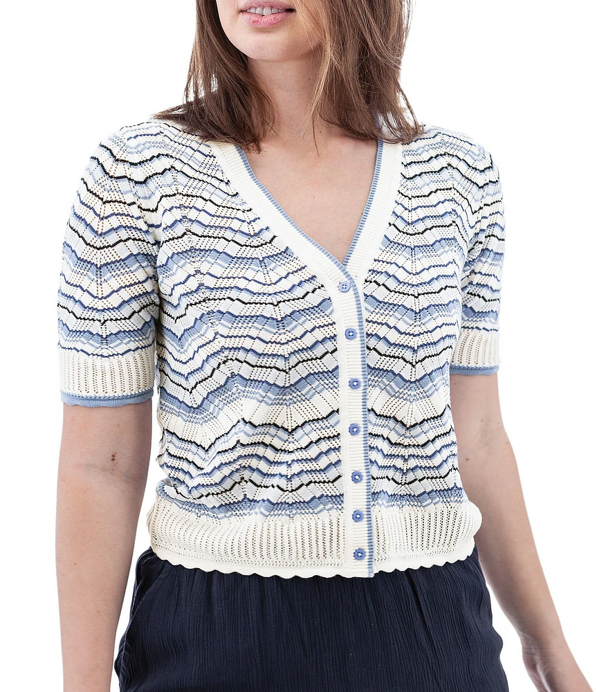 Aventura Julia Organic Cotton Blend Fine Gauge Zig-Zag Ribbed Knit V-Neck Crop Cardigan