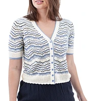 Aventura Julia Organic Cotton Blend Fine Gauge Zig-Zag Ribbed Knit V-Neck Crop Cardigan
