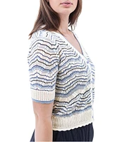 Aventura Julia Organic Cotton Blend Fine Gauge Zig-Zag Ribbed Knit V-Neck Crop Cardigan