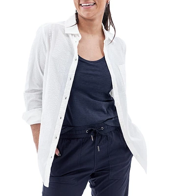 Aventura Colmar Seersucker Collared Neckline 3/4 Roll Tab Sleeve Top