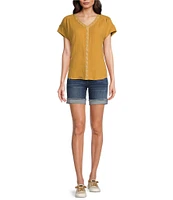 Aventura Kelford Gauze Woven Embroidered Crew Neck Short Sleeve Top