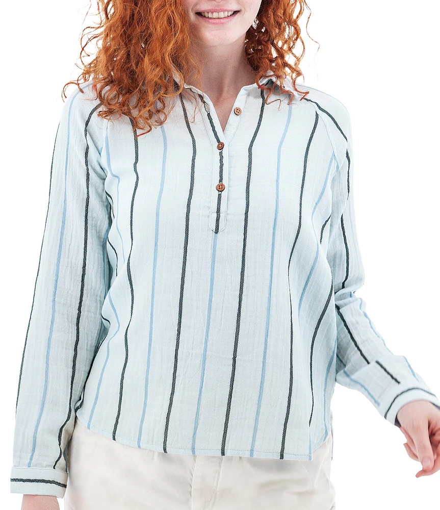 Aventura Kelford Woven Organic Cotton Stripe Print Point Collar Long Raglan Sleeve Popover Top
