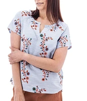 Aventura Lorena Floral Embroidery Split V-Neck Raglan Sleeves Mini Ruched Woven Top