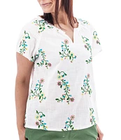 Aventura Lorena Floral Embroidery Split V-Neck Raglan Sleeves Mini Ruched Woven Top