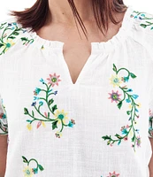 Aventura Lorena Floral Embroidery Split V-Neck Raglan Sleeves Mini Ruched Woven Top