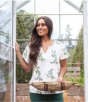 Aventura Lorena Floral Embroidery Split V-Neck Raglan Sleeves Mini Ruched Woven Top