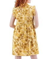 Aventura Lyndhurst Organic Cotton Floral Collared Neck Flutter Cap Sleeve Button Front A-Line Dress